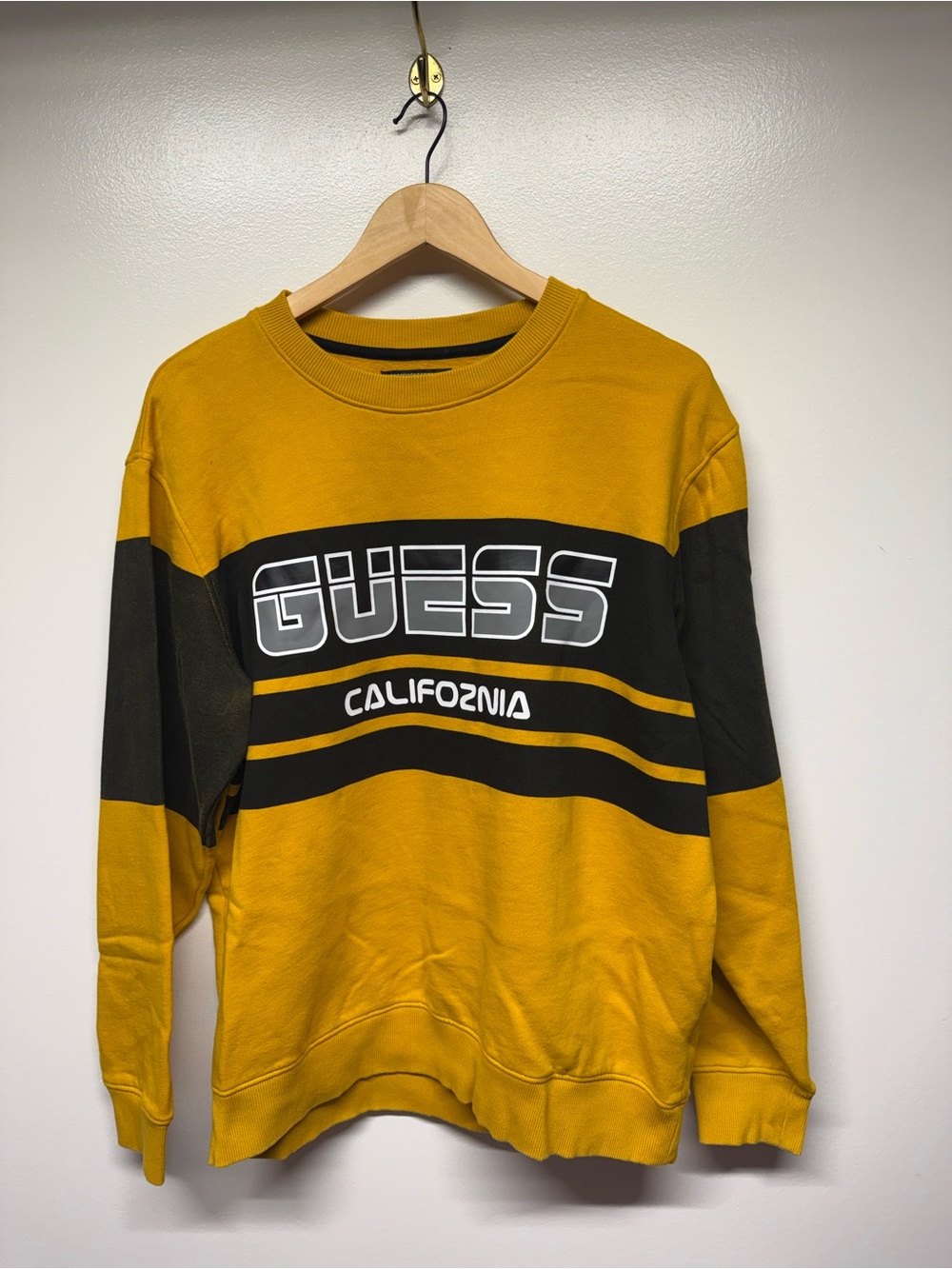 GUESS Mustard Yellow and Black Striped Crewneck Sweatshirt
